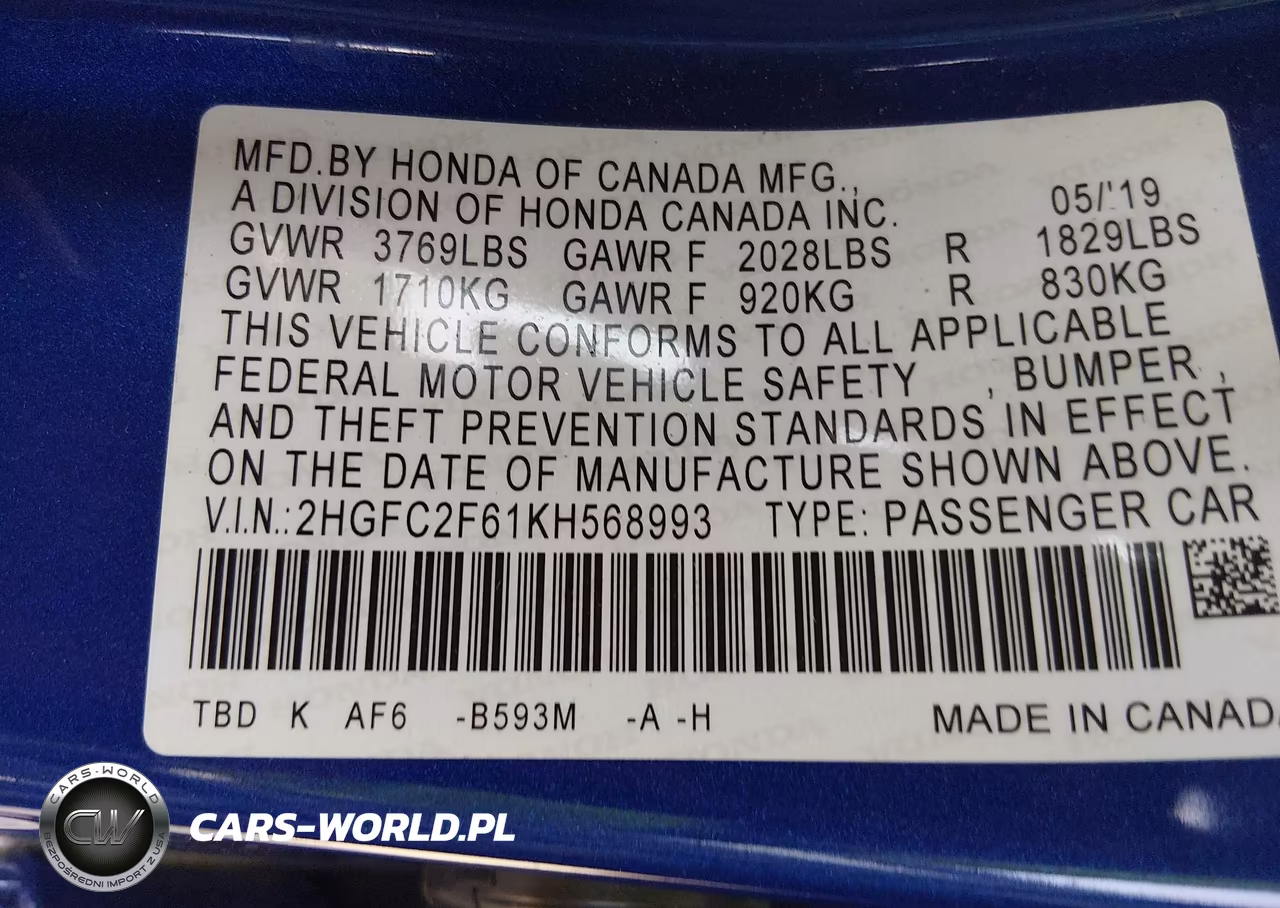 2019 Honda Civic Lx VIN:2HGFC2F61KH568993 - 9