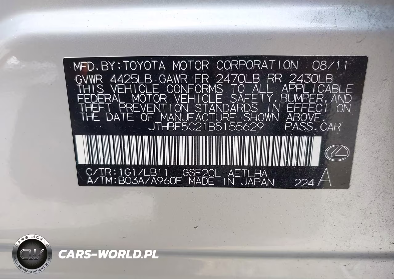 2011 Lexus Is 250 VIN:JTHBF5C21B5155629 - 9
