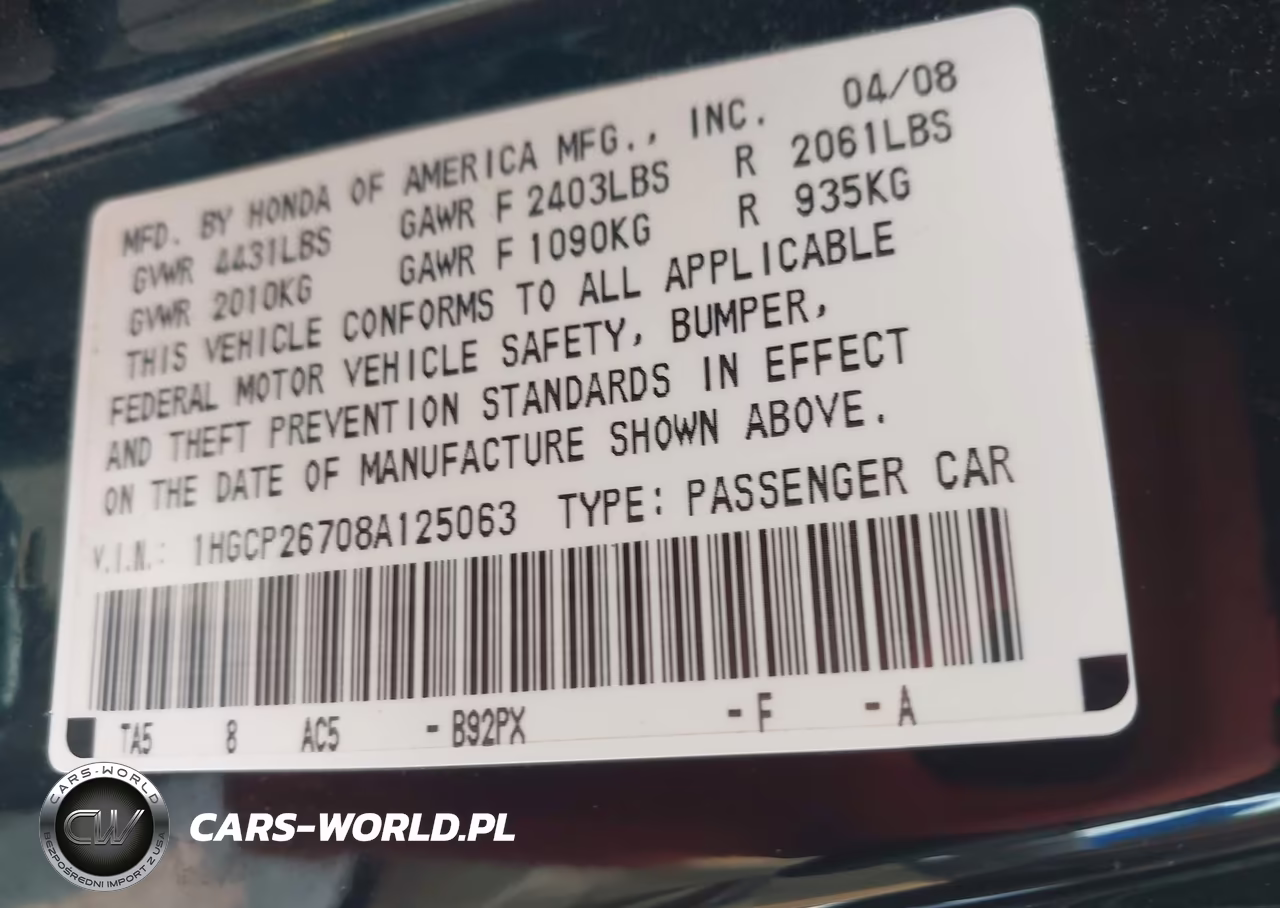 2008 Honda Accord 2.4 Ex VIN:1HGCP26708A125063 - 9