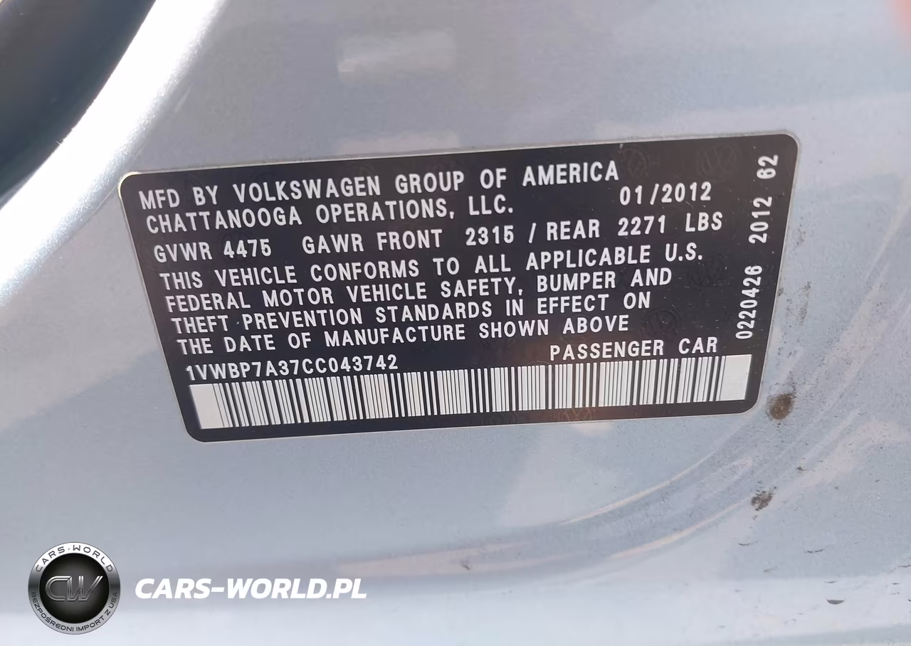 2012 Volkswagen Passat 2.5L Se VIN:1VWBP7A37CC043742 - 9