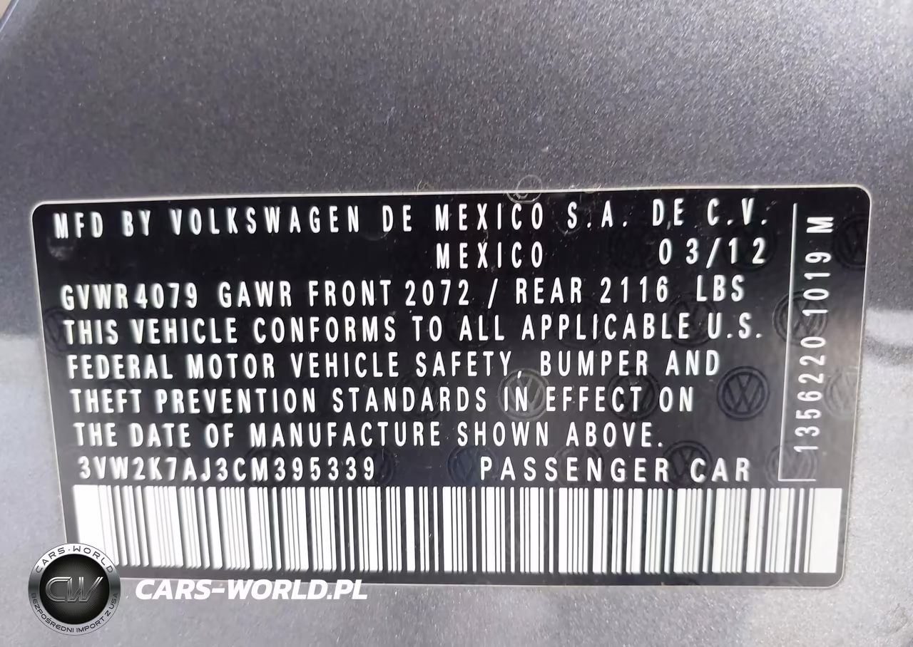 2012 Volkswagen Jetta 2.0L S VIN:3VW2K7AJ3CM395339 - 9