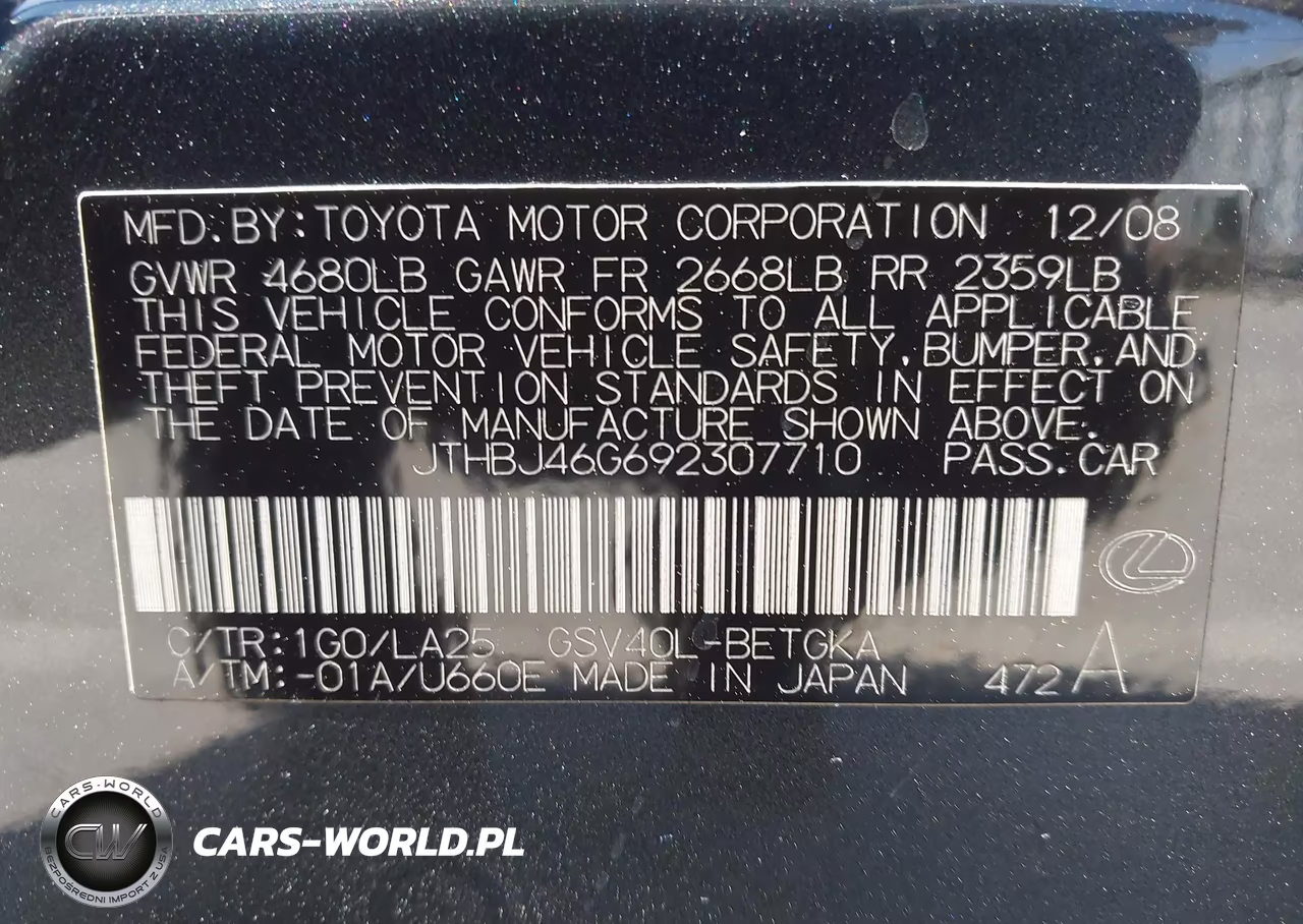 2009 Lexus Es 350 VIN:JTHBJ46G692307710 - 9