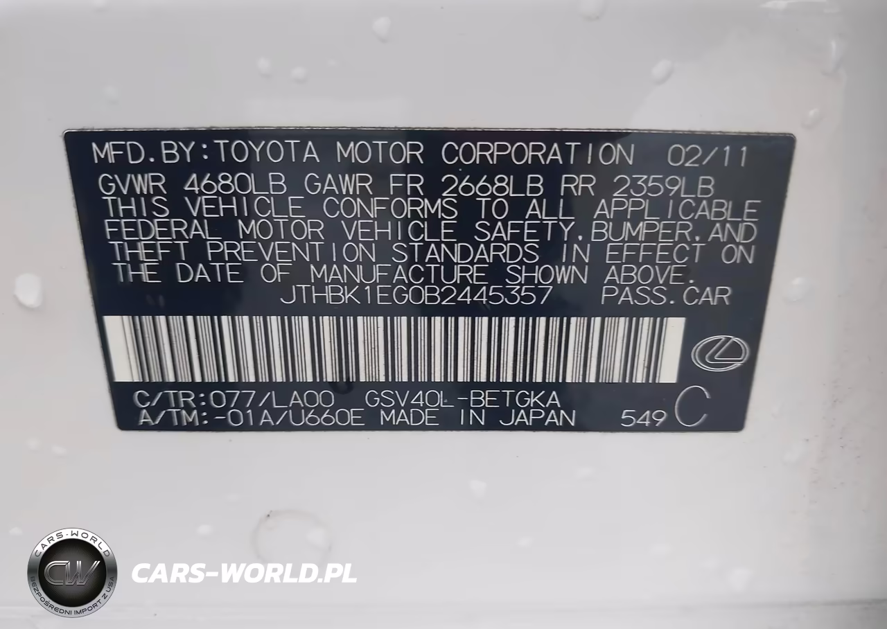 2011 Lexus Es 350 VIN:JTHBK1EG0B2445357 - 9