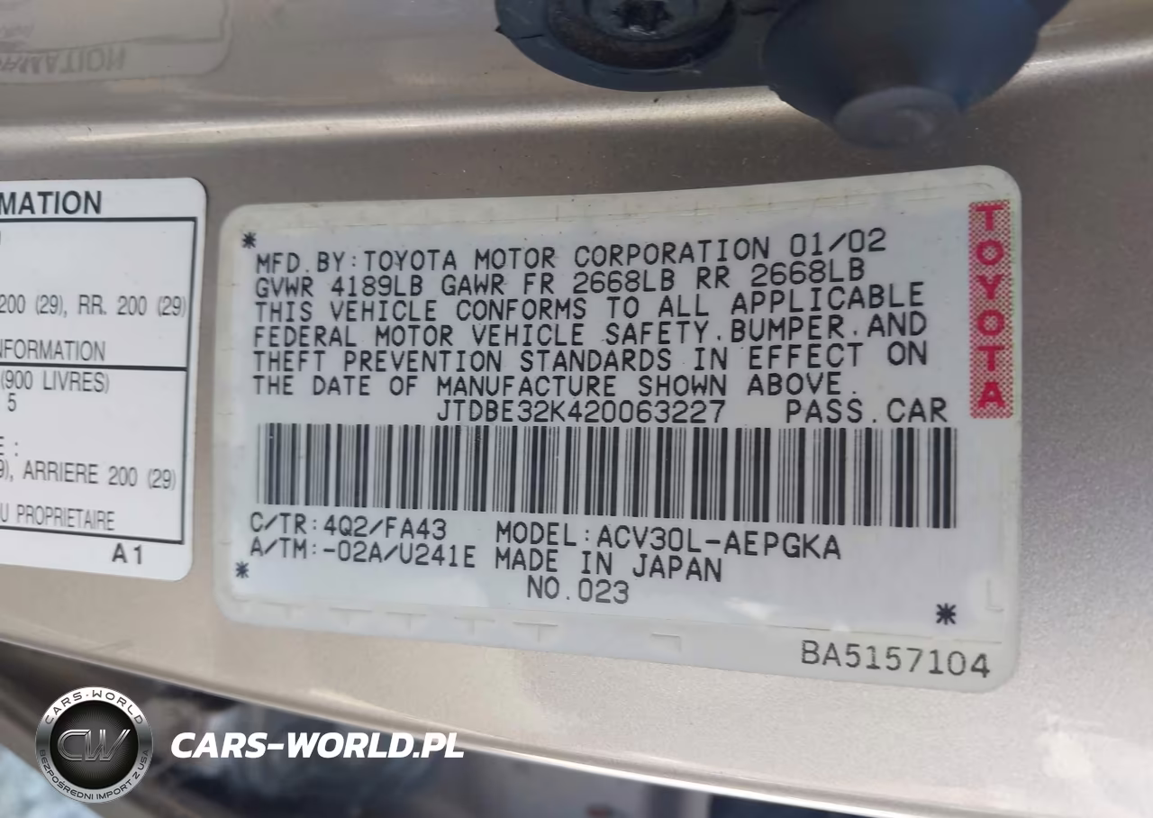 2002 Toyota Camry Xle VIN:JTDBE32K420063227 - 9