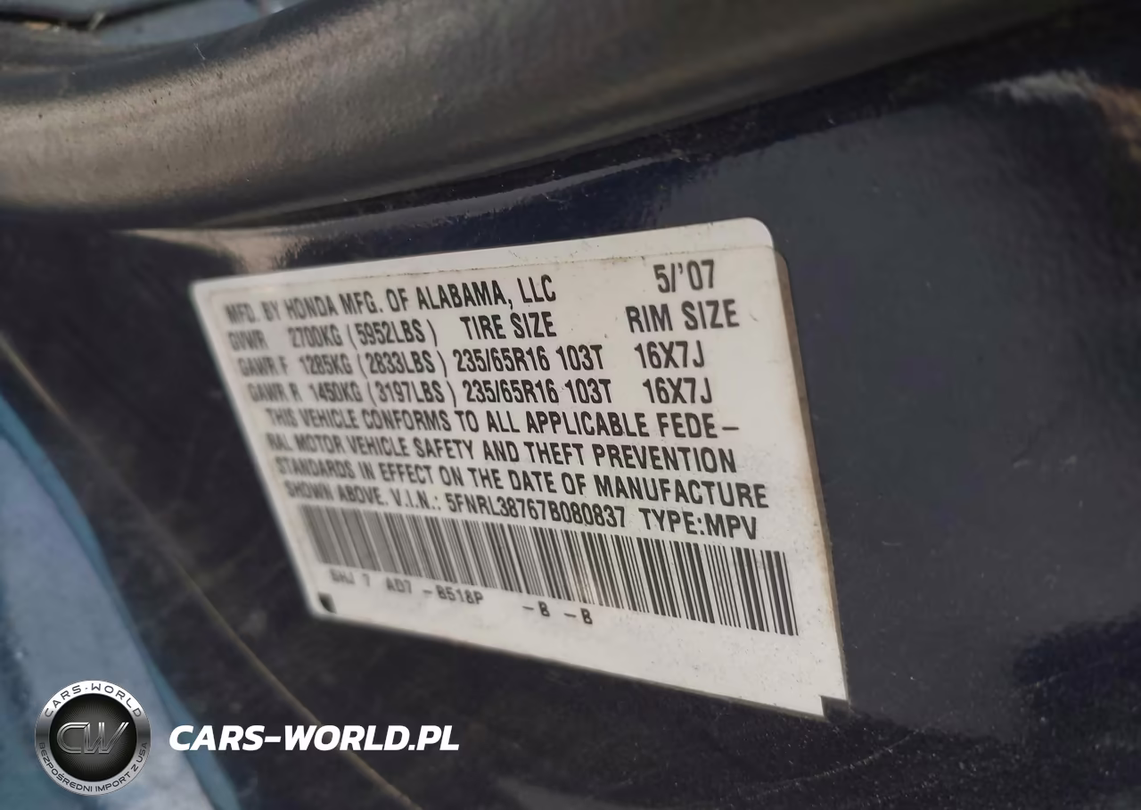 2007 Honda Odyssey Ex-L VIN:5FNRL38767B080837 - 9