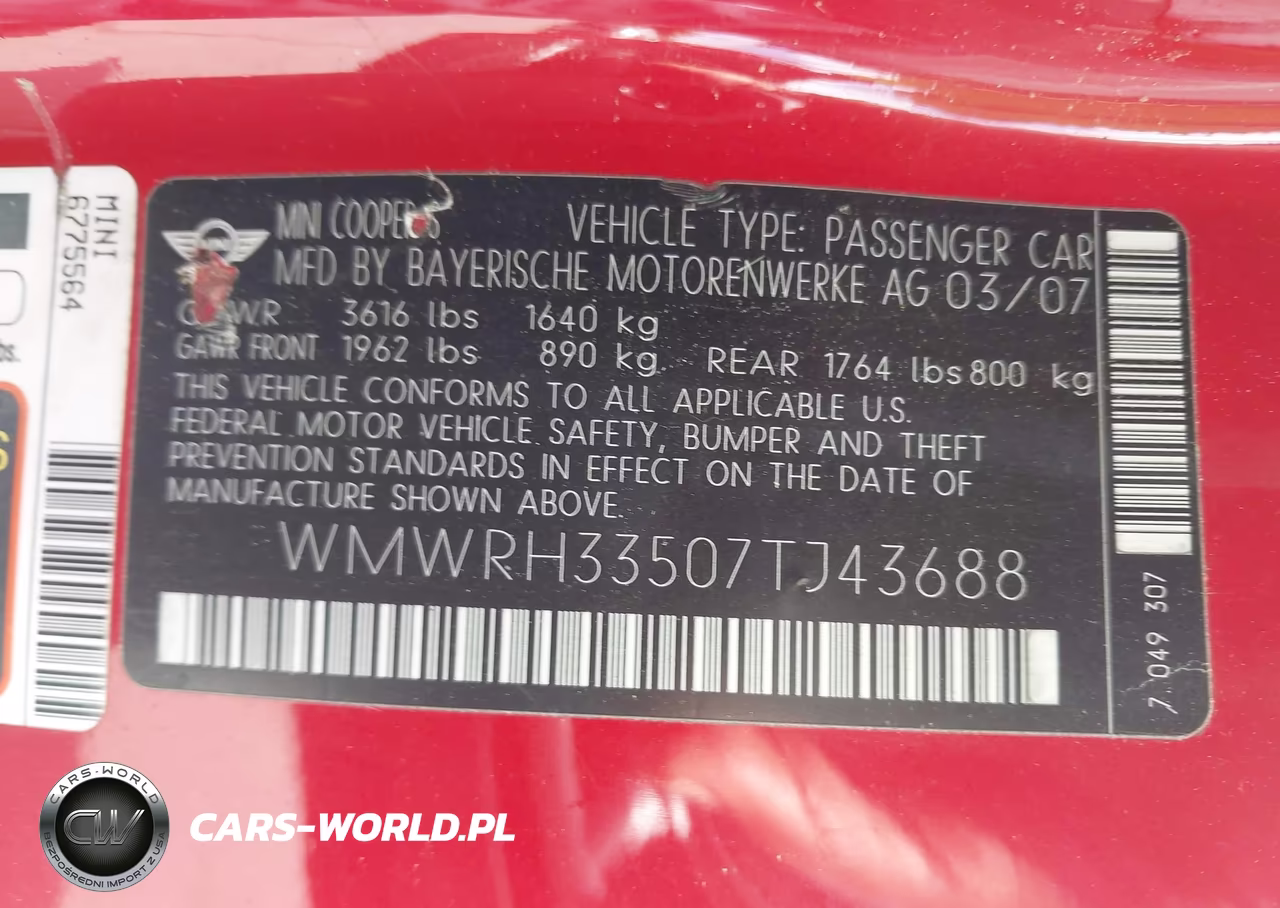 2007 Mini Cooper S VIN:WMWRH33507TJ43688 - 9