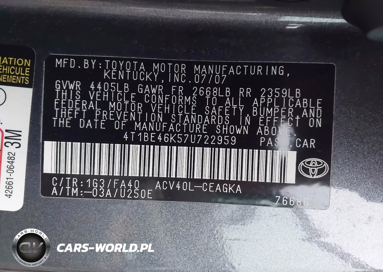2007 Toyota Camry Xle VIN:4T1BE46K57U722959 - 9