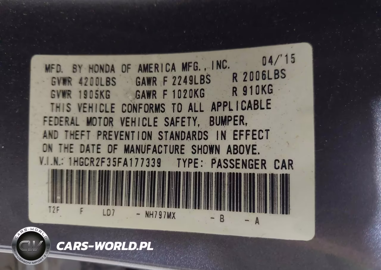 2015 Honda Accord Lx VIN:1HGCR2F35FA177339 - 9