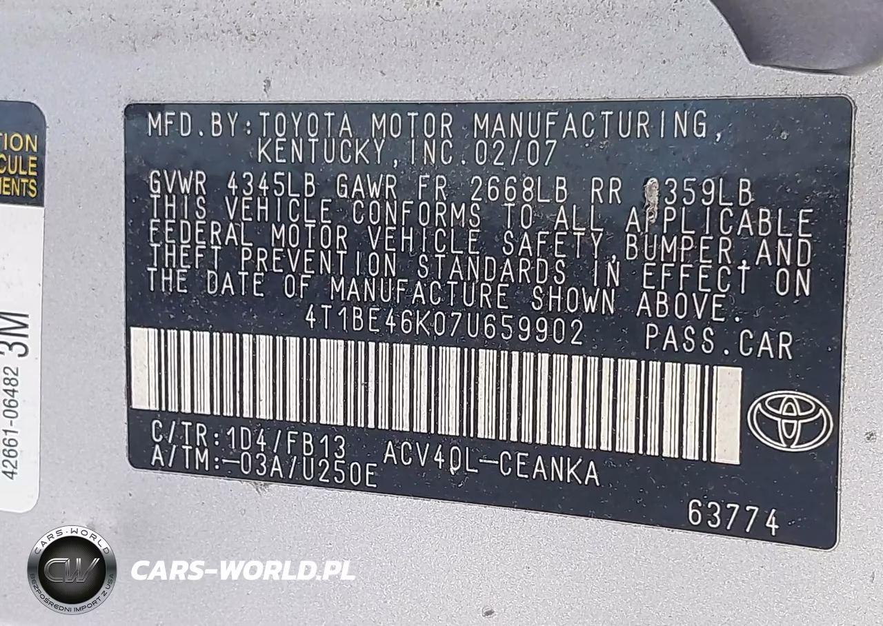 2007 Toyota Camry Le VIN:4T1BE46K07U659902 - 9