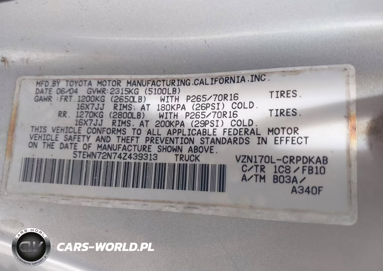 2004 Toyota Tacoma Base V6 VIN:5TEWN72N74Z439313 - 9