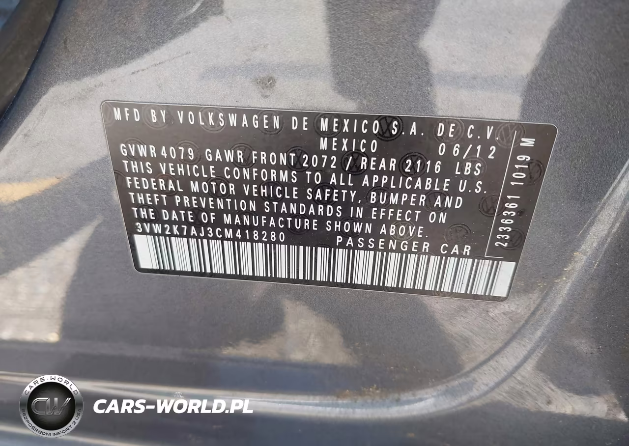 2012 Volkswagen Jetta 2.0L S VIN:3VW2K7AJ3CM418280 - 9