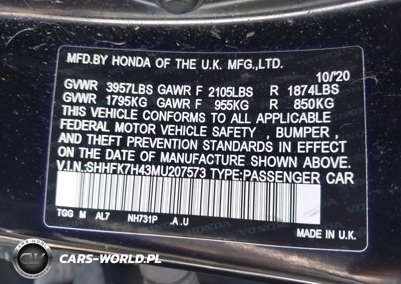 2021 Honda Civic Sport VIN:SHHFK7H43MU207573 - 9