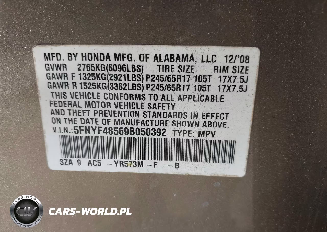 2009 Honda Pilot Ex-L VIN:5FNYF48569B050392 - 9