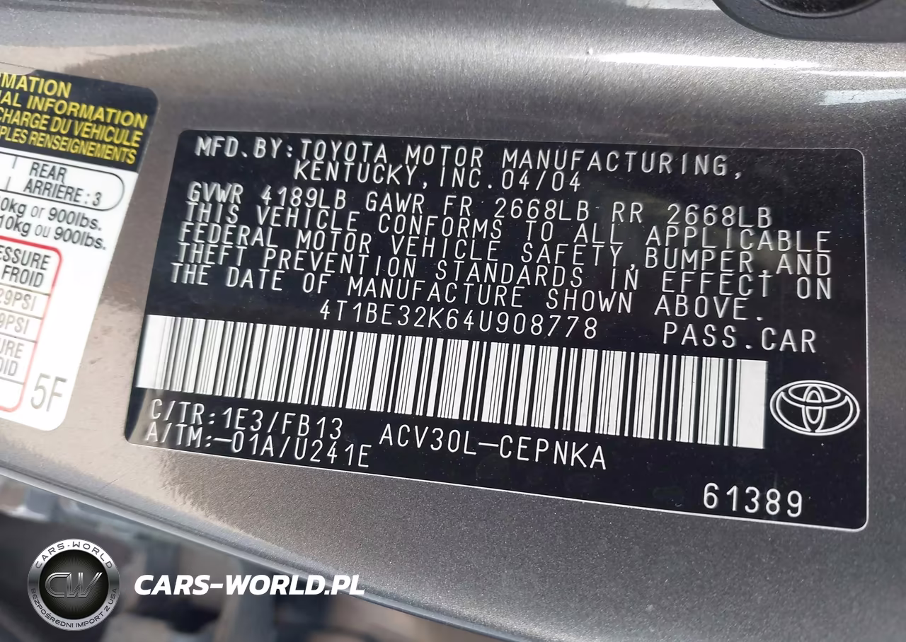 2004 Toyota Camry Le VIN:4T1BE32K64U908778 - 9