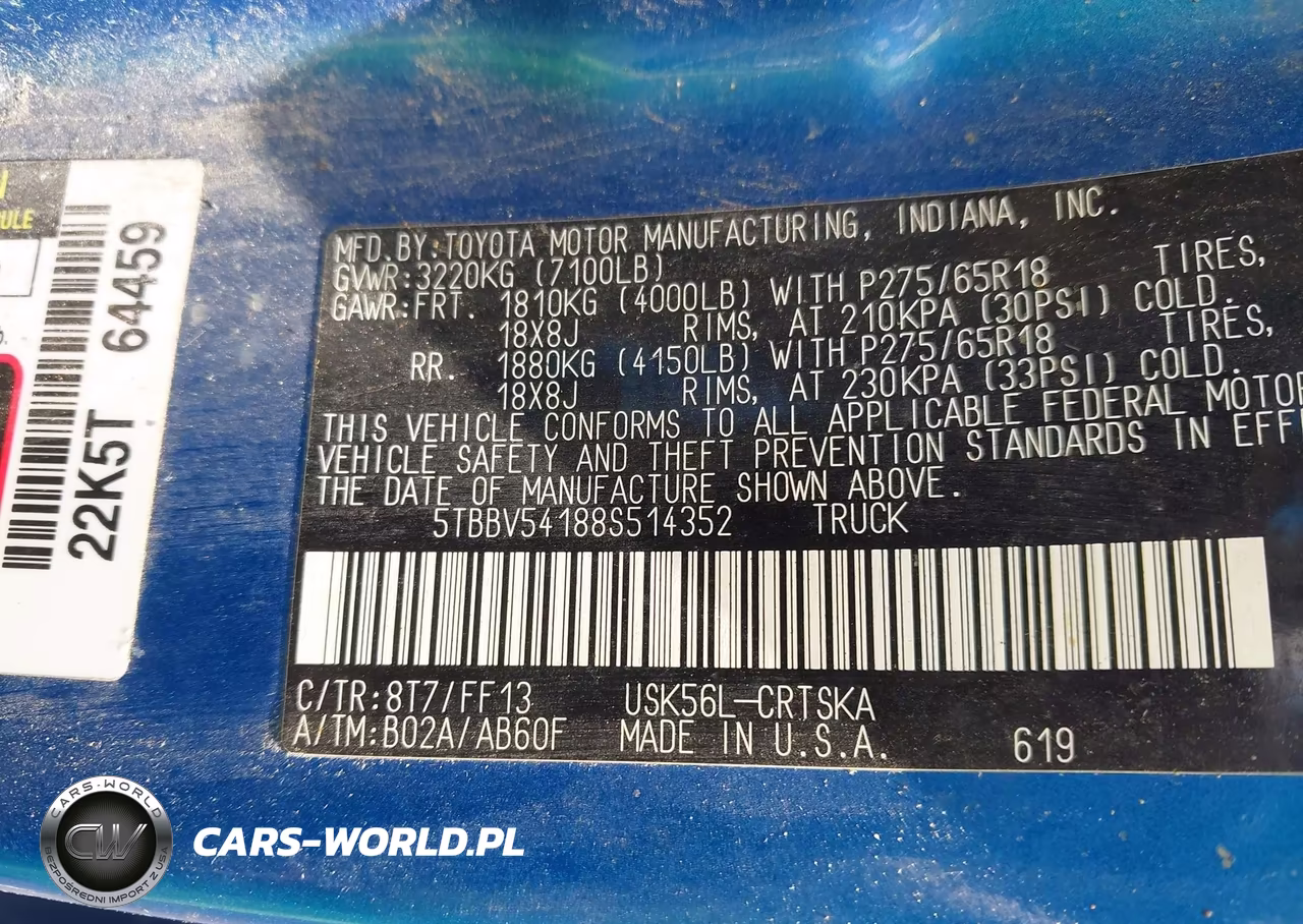 2008 Toyota Tundra Sr5 5.7L V8 VIN:5TBBV54188S514352 - 9