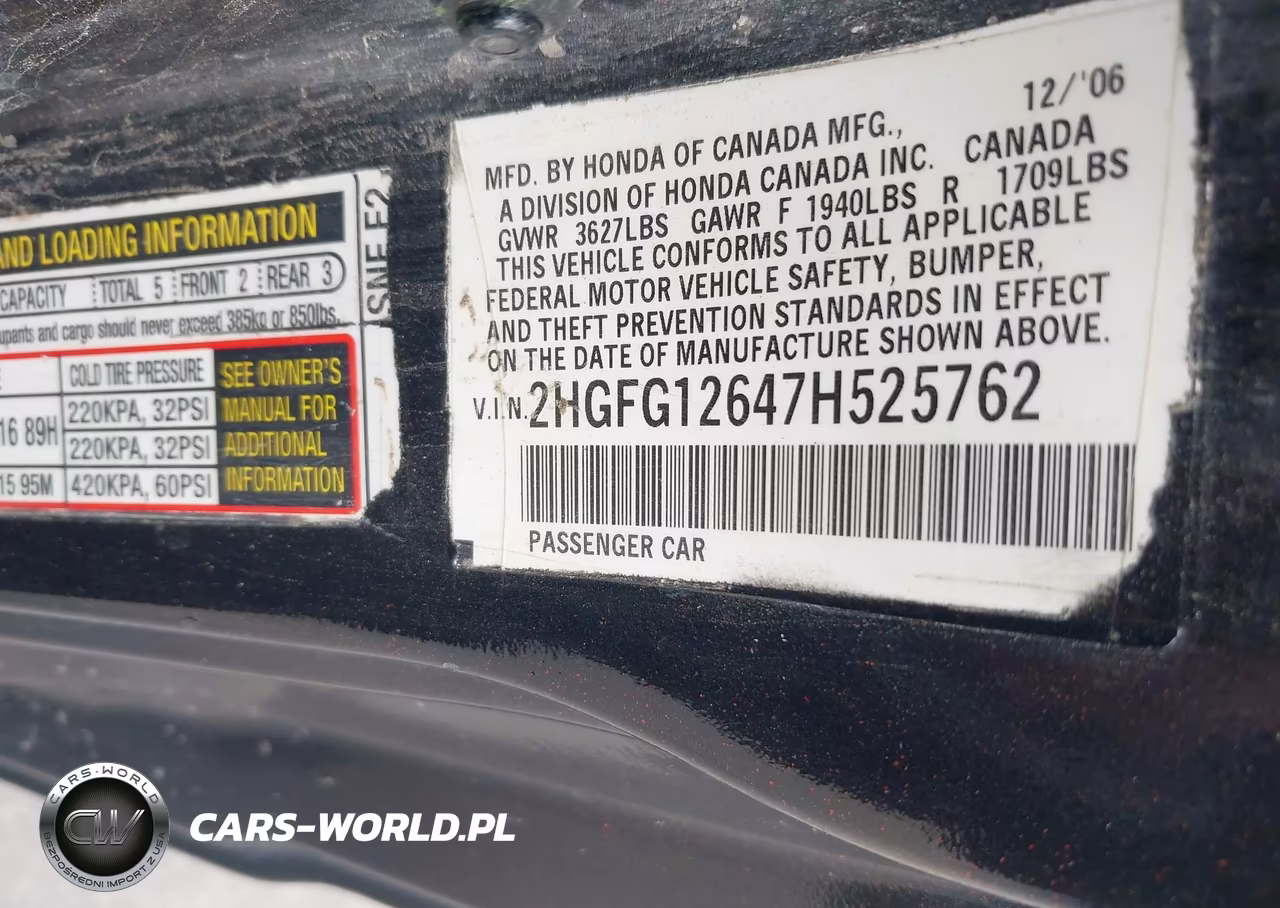 2007 Honda Civic Lx VIN:2HGFG12647H525762 - 9