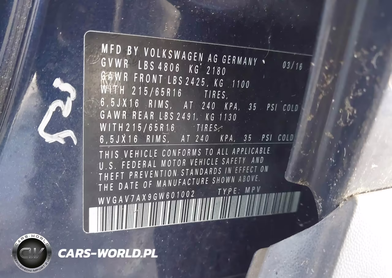 2016 Volkswagen Tiguan S VIN:WVGAV7AX9GW601002 - 9