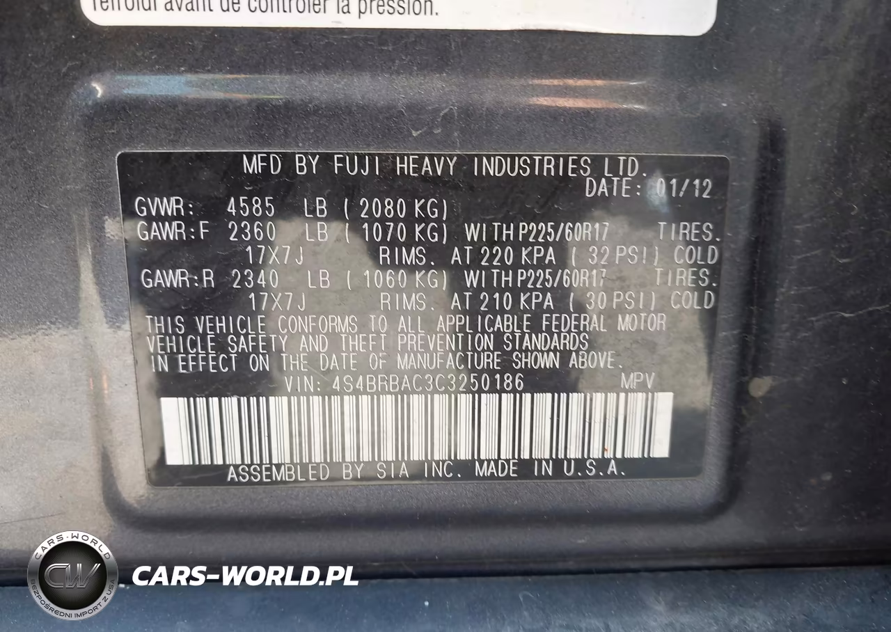 2012 Subaru Outback 2.5I VIN:4S4BRBAC3C3250186 - 9