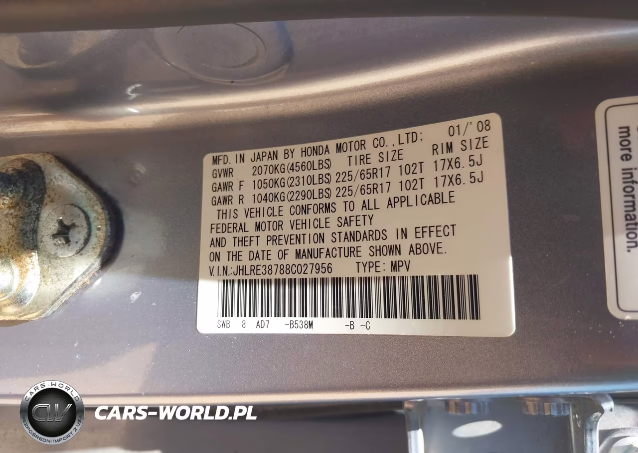2008 Honda Cr-V Ex-L VIN:JHLRE38788C027956 - 9