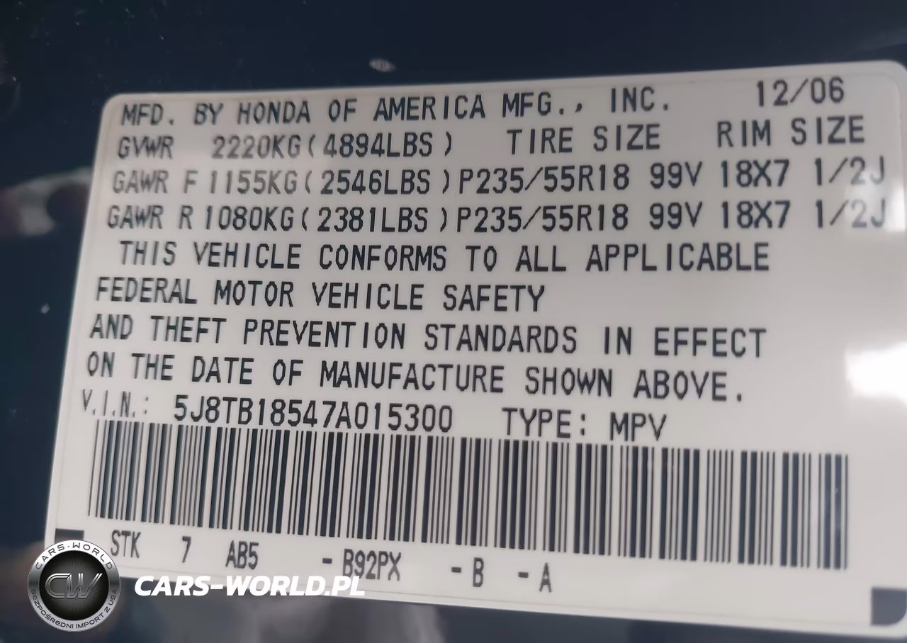 2007 Acura Rdx VIN:5J8TB18547A015300 - 9