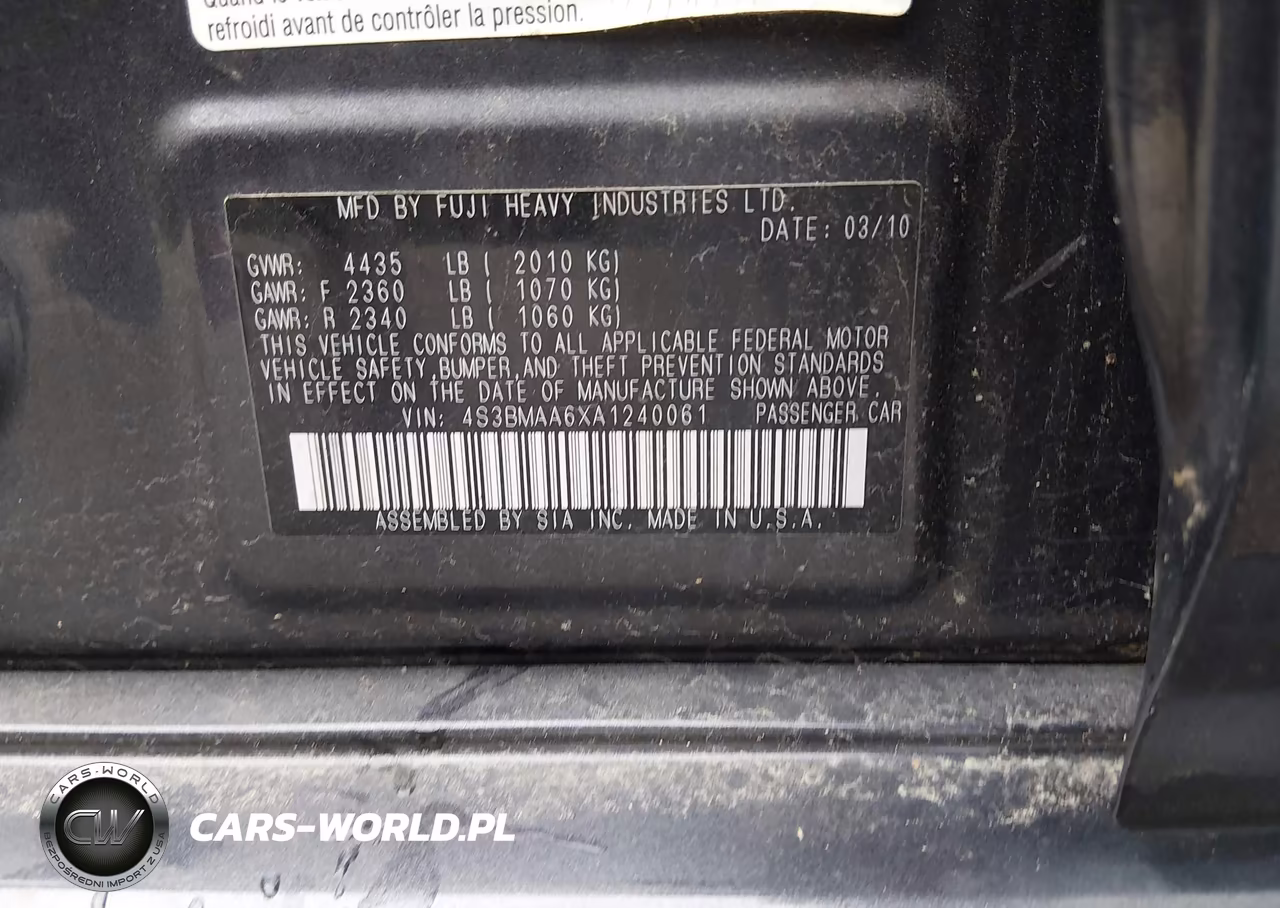 2010 Subaru Legacy 2.5I VIN:4S3BMAA6XA1240061 - 9