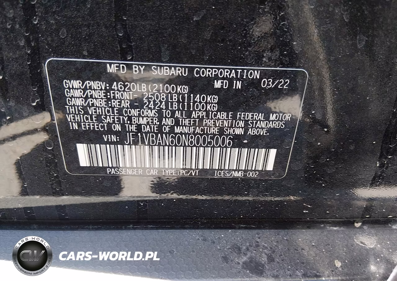 2022 Subaru Wrx Limited VIN:JF1VBAN60N8005006 - 9