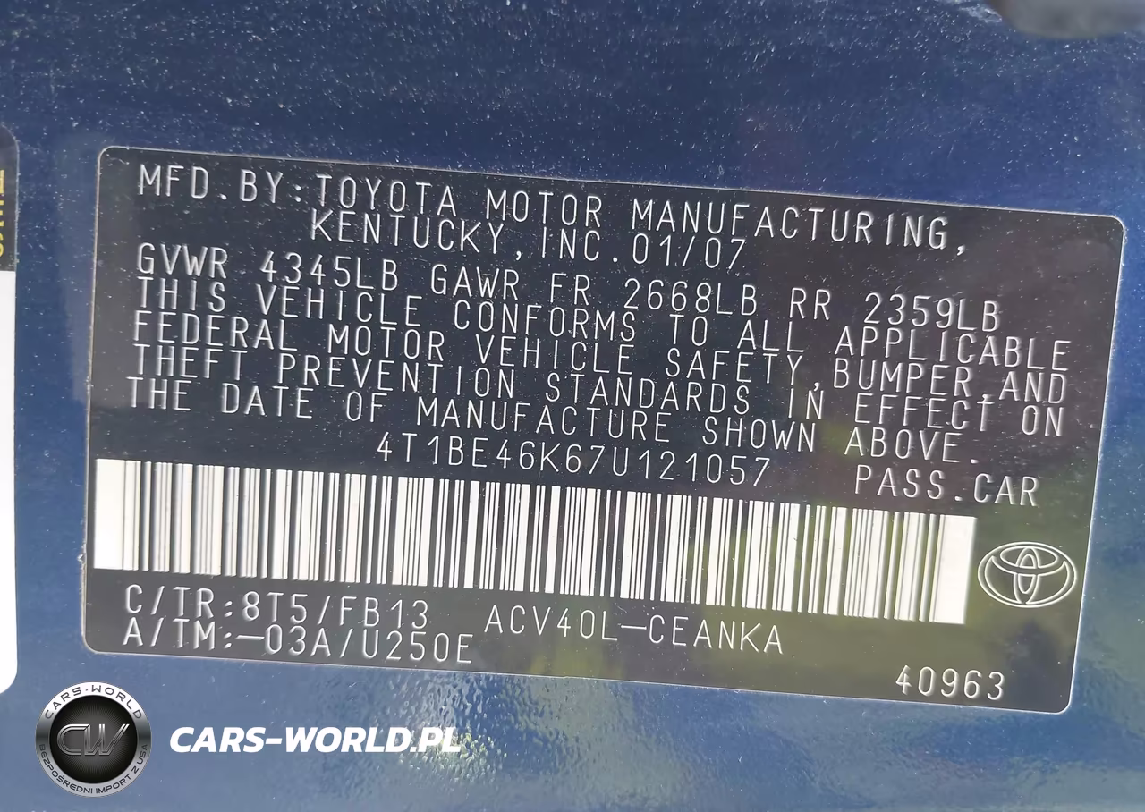 2007 Toyota Camry Le VIN:4T1BE46K67U121057 - 9