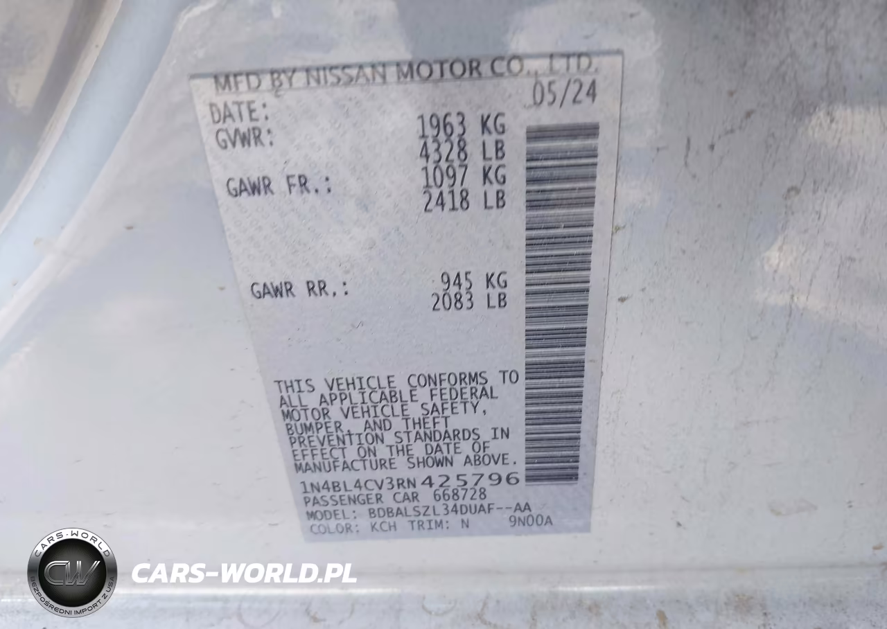 2024 Nissan Altima Sr Fwd VIN:1N4BL4CV3RN425796 - 9