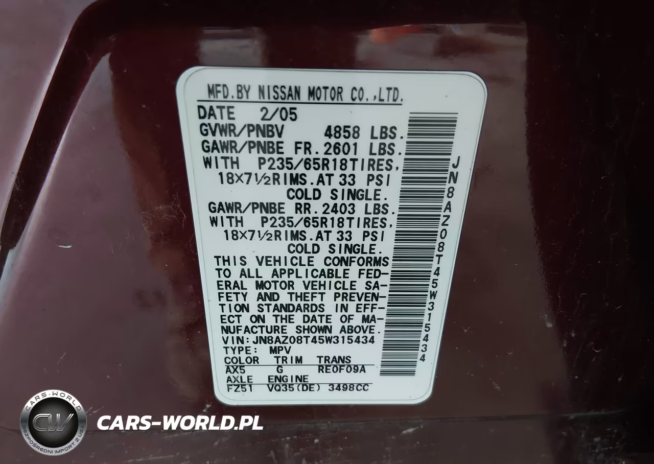 2005 Nissan Murano S VIN:JN8AZ08T45W315434 - 9