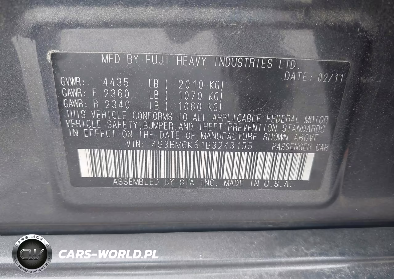 2011 Subaru Legacy 2.5I Limited VIN:4S3BMCK61B3243155 - 9