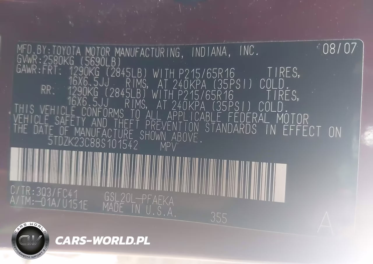 2008 Toyota Sienna Le VIN:5TDZK23C88S101542 - 9