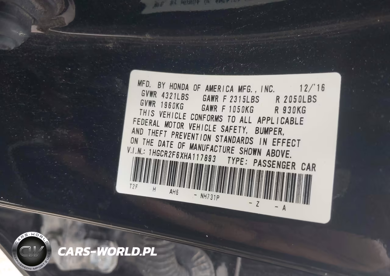 2017 Honda Accord Sport VIN:1HGCR2F6XHA117893 - 9