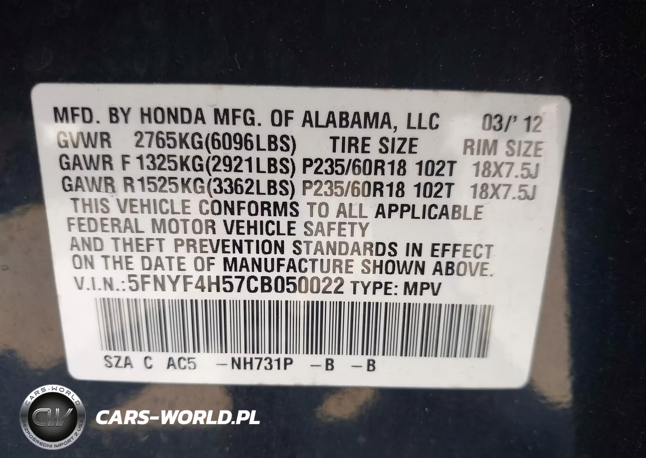 2012 Honda Pilot Ex-L VIN:5FNYF4H57CB050022 - 9