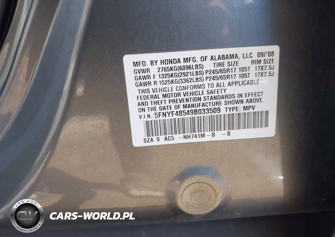 2009 Honda Pilot Ex-L VIN:5FNYF48549B033509 - 9
