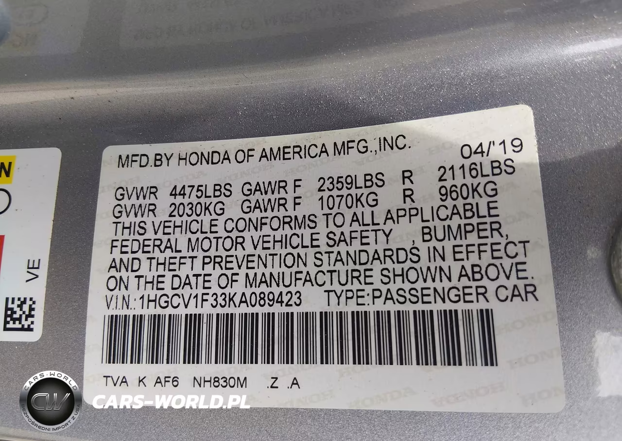 2019 Honda Accord Sport VIN:1HGCV1F33KA089423 - 9
