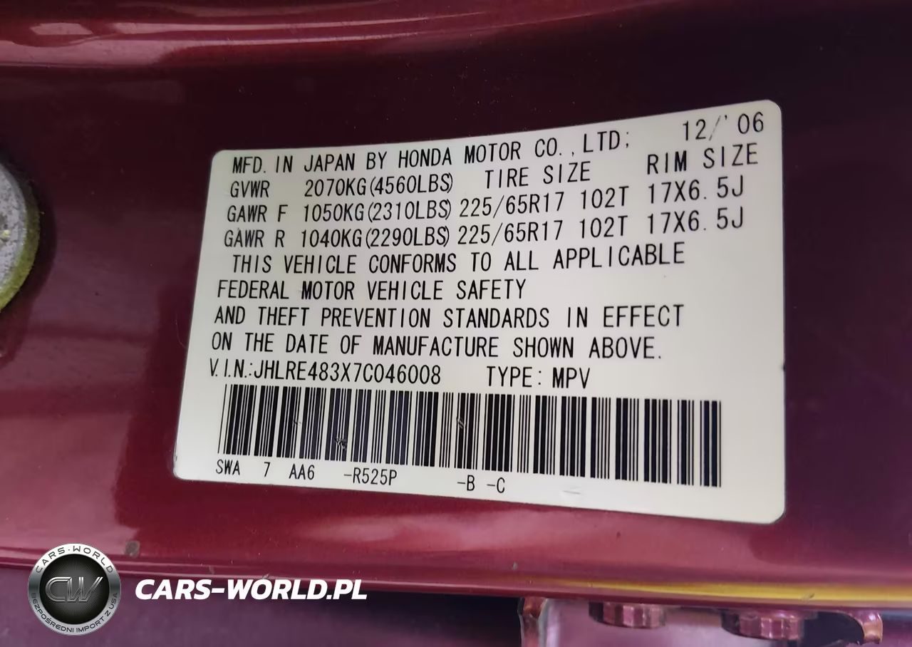 2007 Honda Cr-V Lx VIN:JHLRE483X7C046008 - 9