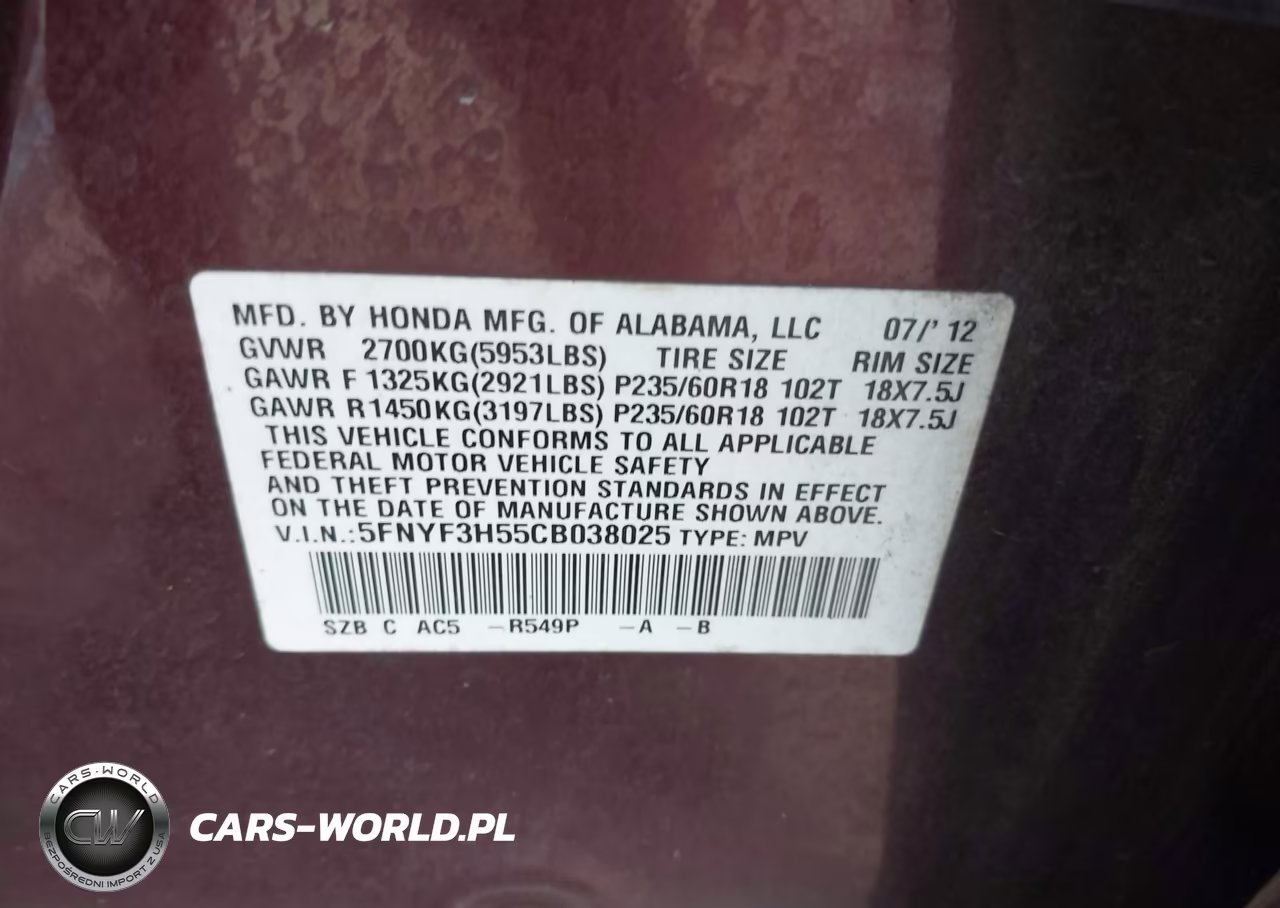 2012 Honda Pilot Ex-L VIN:5FNYF3H55CB038025 - 9