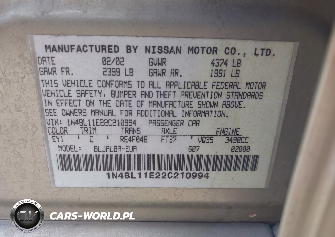 2002 Nissan Altima 3.5 Se VIN:1N4BL11E22C210994 - 9