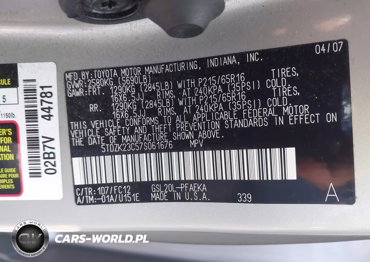 2007 Toyota Sienna Le VIN:5TDZK23C57S061676 - 9