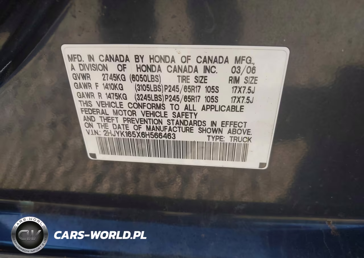 2006 Honda Ridgeline Rtl VIN:2HJYK165X6H566463 - 9