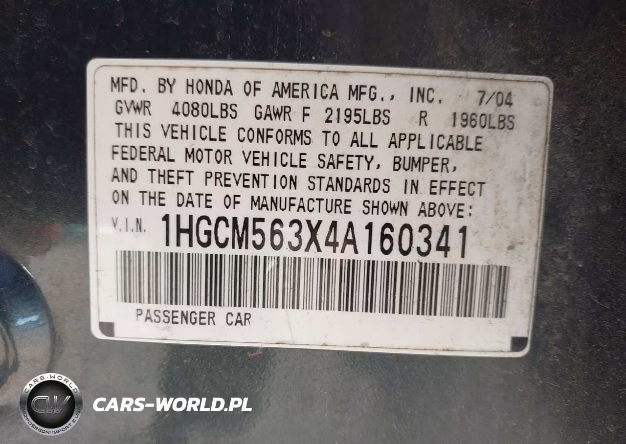 2004 Honda Accord 2.4 Lx VIN:1HGCM563X4A160341 - 9