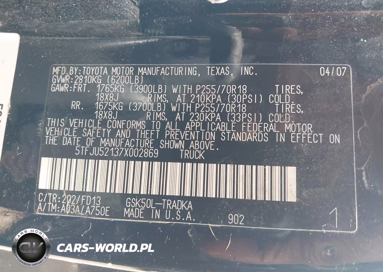 2007 Toyota Tundra Base V6 VIN:5TFJU52137X002869 - 9