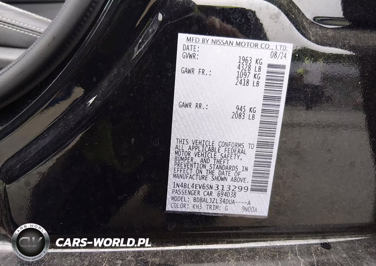 2025 Nissan Altima Sl Fwd VIN:1N4BL4EV6SN313299 - 9