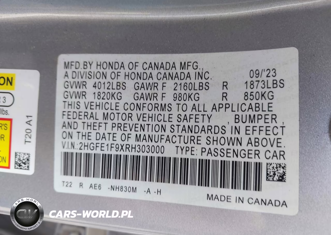 2024 Honda Civic Touring VIN:2HGFE1F9XRH303000 - 9