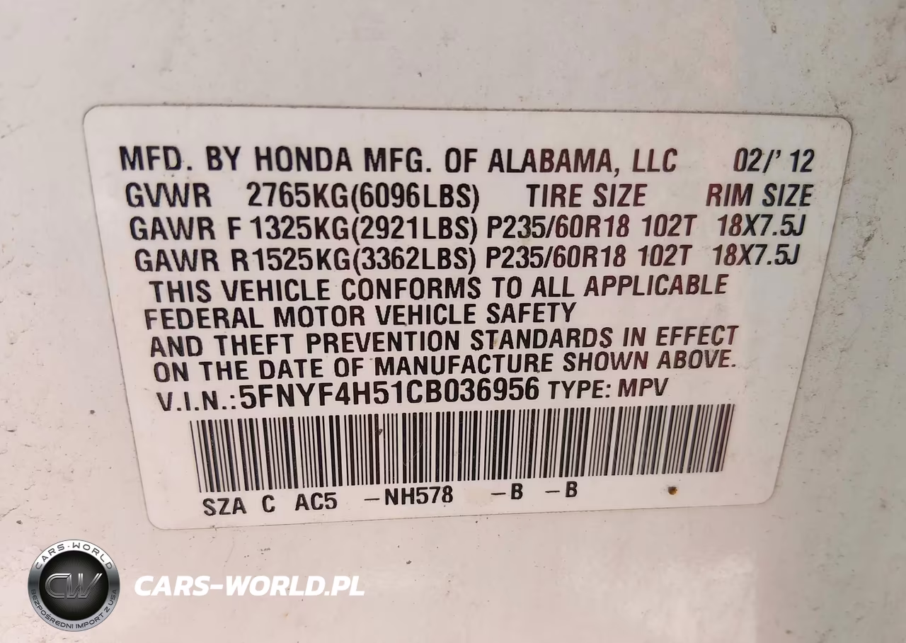 2012 Honda Pilot Ex-L VIN:5FNYF4H51CB036956 - 9