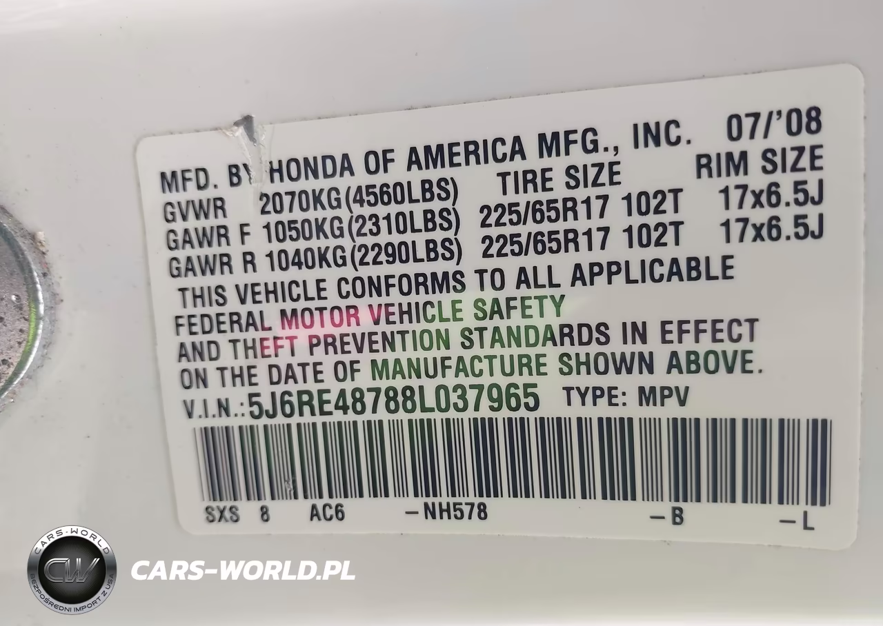2008 Honda Cr-V Ex-L VIN:5J6RE48788L037965 - 9