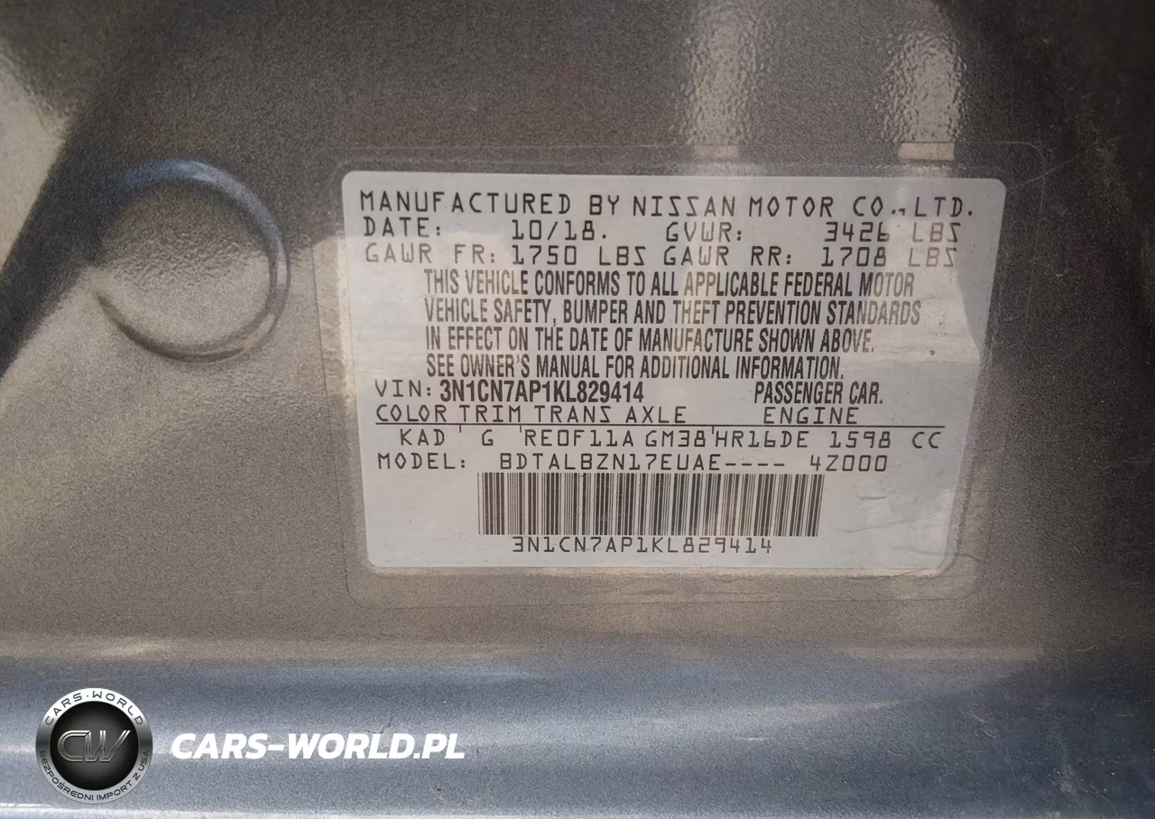 2019 Nissan Versa 1.6 Sv VIN:3N1CN7AP1KL829414 - 9