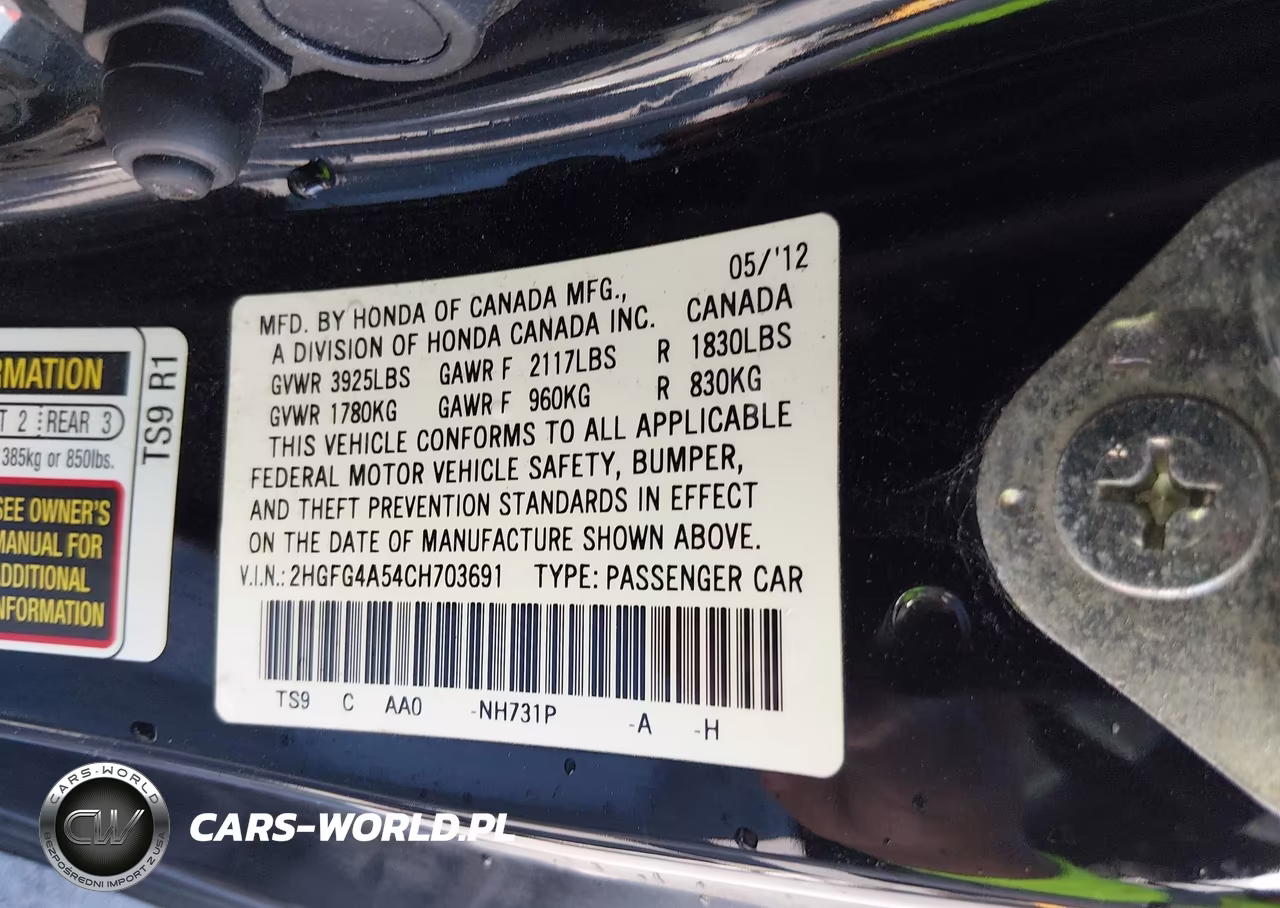 2012 Honda Civic Si VIN:2HGFG4A54CH703691 - 9