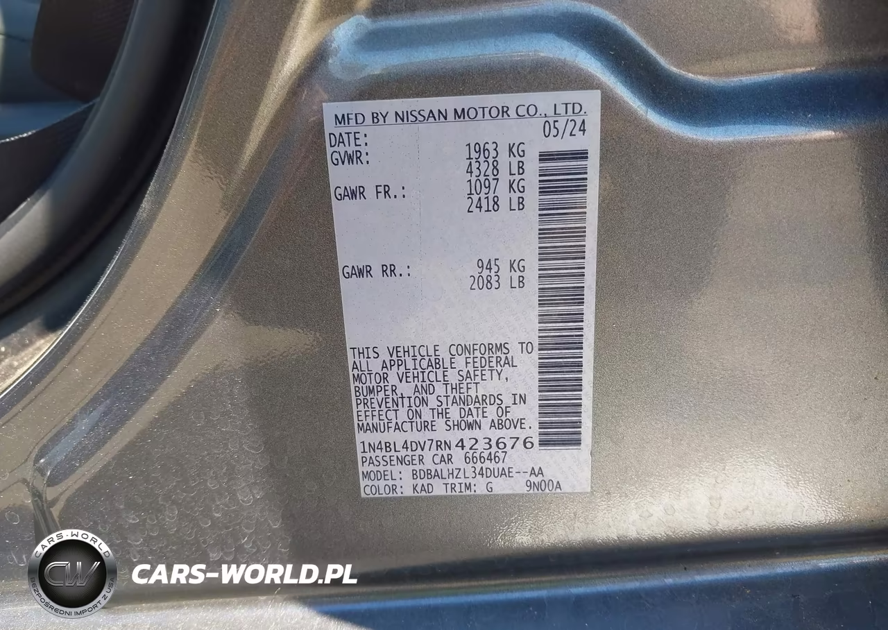 2024 Nissan Altima Sv Fwd VIN:1N4BL4DV7RN423676 - 9