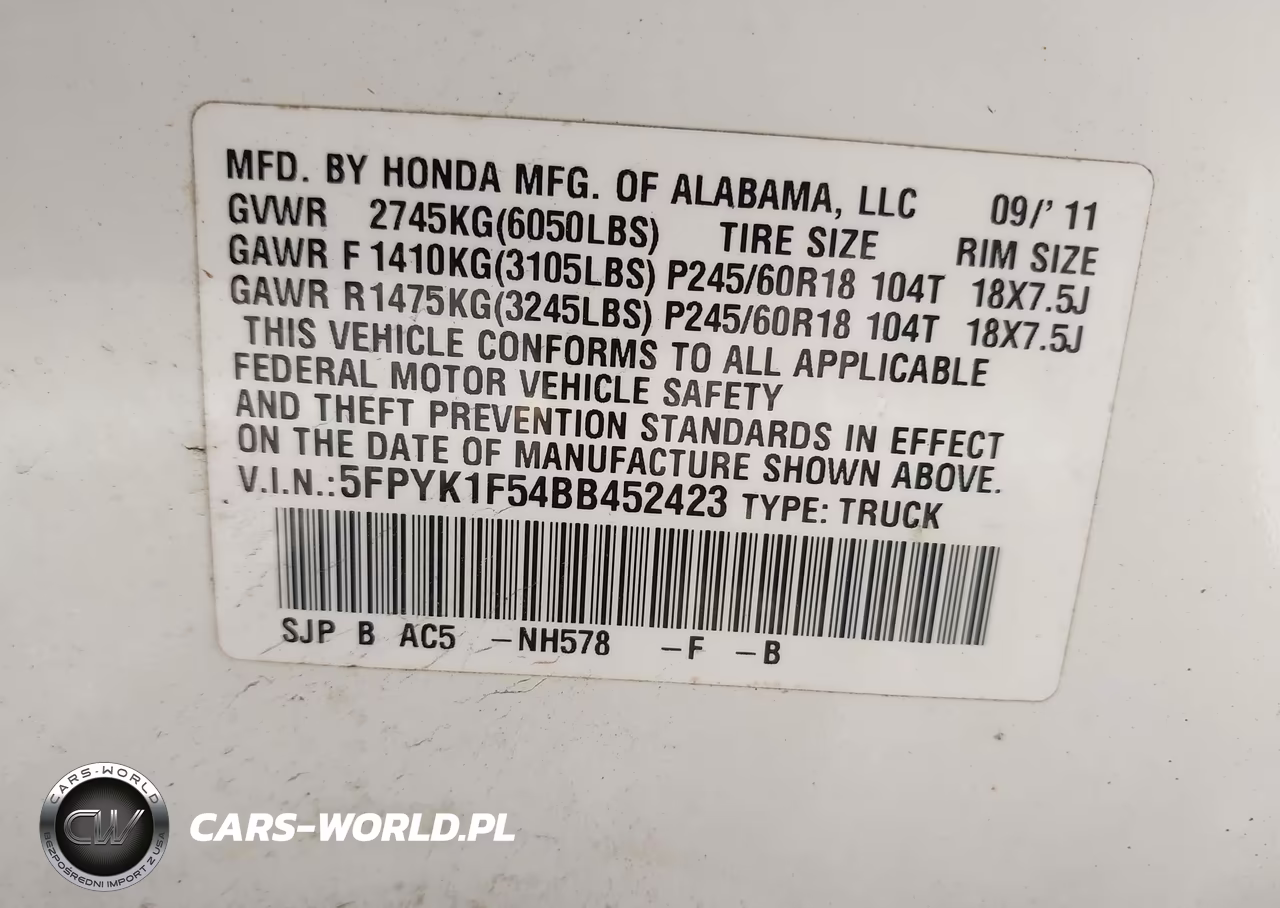 2011 Honda Ridgeline Rtl VIN:5FPYK1F54BB452423 - 9